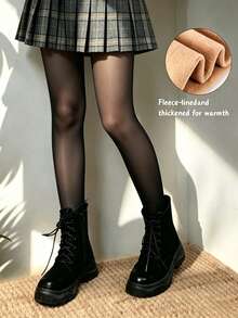 1pc Autumn/Winter Girls Black Sheer-Look Warm Fleece Lined Leggings ...