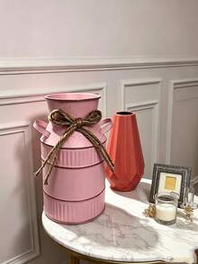 Pink Party Metal Milk Can Desktop Centerpiece, Comes With Burlap Bow, Mini Rustic Style Flower Bucket, Suitable For Wedding, Birthday And Dessert Table Decor, Wedding Table Centerpiece, Rustic Milk Can Vase, Mini Party Centerpiece - Pink - View 5