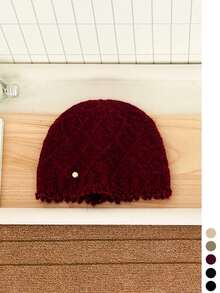 Solid-Color Rhombus Texture Raw-Edge Knitted Beanie Hat For Women, Autumn/Winter Fashion Warm Versatile Face-Slimming Ear-Protecting Woolen Cap - Fringed Diamond Pattern - View 8