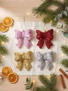 4Pcs Gift Box Set Christmas Bow Hanging Ornaments, Shiny Metallic Bowknot Pendant For Christmas Tree, Kids Holiday & Party Decor - Multicolor - View 8