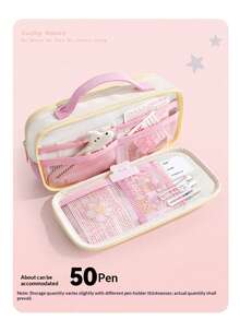 1pc Pastel Color Block Handheld Pencil Case, Large Capacity 10-Layer Multi Compartment Stationery Bag, Waterproof Stain Resistant PVC Pen Pouch With Magnetic Flip Cover, Portable School Storage Bag For Students Back To School Supplies - Dopamine-style Large Capacity Aesthetic Pencil Case - View 9