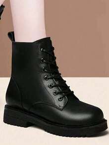 Sepatu Bot Wanita Gaya Inggris dari Kulit PU, Sol Datar, Sepatu Bot Musim Semi/Musim Gugur, Sepatu Bot Ankle Sol Tebal Terbaru - Hitam - View 5