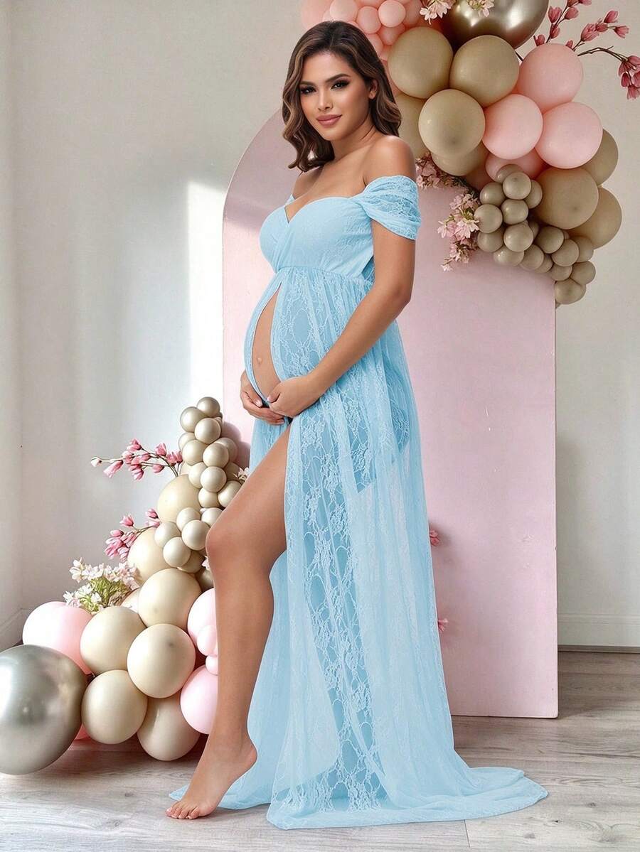 Pregnant Women's Lace Sexy Off-Shoulder High Waist Slit Dress, Suitable For Photography, Baby Shower Party, Maternity Wear Spring Fall - Baby Blue - View 1