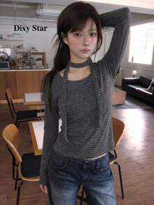 Women's Patchwork Striped 2-In-1 Long Sleeve Turtleneck Top T-Shirt, Korean Style Vintage Base Layer (Random Stripes), Casual Winter Style - Black and Gray - View 1