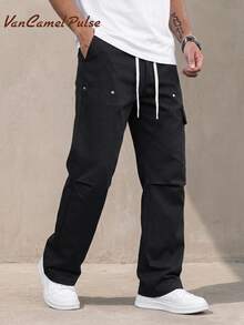 Vancamel Pulse Men's Outdoor Functional Style Cargo Pants With Large Pockets And Drawstring Design, Versatile Solid Color Workwear Trousers - Black - View 1