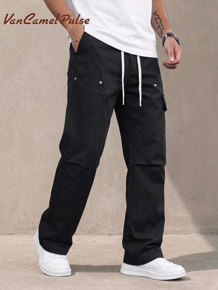 Vancamel Pulse Men's Outdoor Functional Style Cargo Pants With Large Pockets And Drawstring Design, Versatile Solid Color Workwear Trousers - Black - View 1