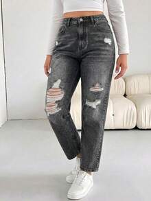 Women's Plus Size Mom Style Short Denim Jeans, Elastic Waist, With Pockets And Zipper, Non-Stretch, Autumn Vintage Grunge Style - Black - View 7