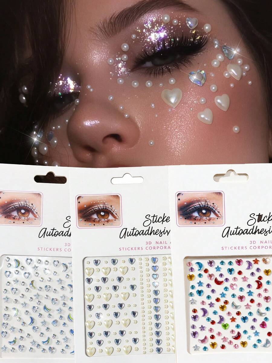 3Pcs Self‑Adhesive Face Gems Stickers Set, 3D Heart Star Rhinestone Pearl Eye Body Jewels, Easy Stick On Eye Body Makeup Gems For Christmas Rave Festival Cosplay Party Costume & Nail Art DIY Decor