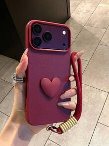 1 Pack Cute Wine Red TPU Case, 3D Heart Strap, Daily Use, Gift For Friends, Mom, Besties, Apple11,13,Apple16 Pro Max,Apple17,14 Pro Max,Apple15 ,14,17 Pro Max,18 Pro Max. - Wine Red - View 2