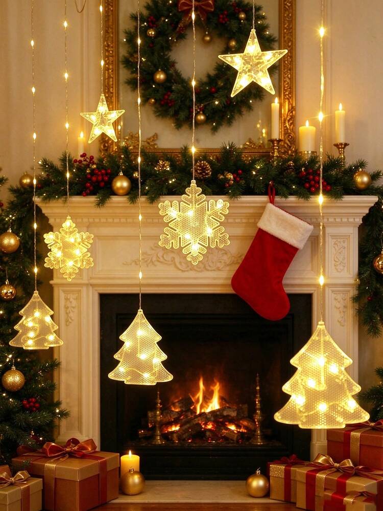 1pc 2m Battery Powered Christmas Decoration Lights, Bell Snowflake Curtain String Lights, Christmas Home Decor String Lights, Bedroom Wall Decoration String Lights, Christmas Tree Decoration String Lights, Indoor, Holiday, Party, Winter Decoration String Lights - Clear - View 5