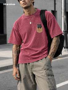 Hemo, Summer Men's Street Cute Cat T-Shirt Top, Slightly Elastic Fitted Cotton Blend Black Crew Neck Short Sleeve T-Shirt, Casual Daily T-Shirt Top - Red - View 1