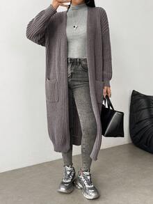 Plus Size Solid Color Casual Pocket Knit Cardigan Long Sweater - Grey - View 4