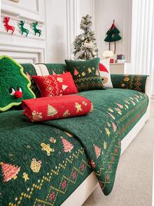 1Pc Christmas Themed Jacquard Sofa Cushion, Non Slip Couch Cover With Gingerbread & Xmas Tree Print, Washable Furniture Protector For Holiday Home Decor - Multicolor - View 10
