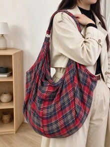 大容量格紋肩背包，女款斜挎包，休閒實用多功能托特包，適合上班、學習、旅行 - 酒紅色 - 查看 2