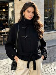 Camellia Autumn/Winter New Women's European & American Style Fashion Minimalist Versatile Commute & Date Loose Fit Stand Collar Belted Wool Coat Jacket - Black - View 2
