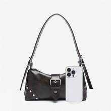 1pc PU Y2K Women's Vintage Distressed Soft Leather Motorcycle Bag With Rivet Buckle Decor, Wrinkled Cloud Design, One Shoulder Underarm Bag, Baguette Square Bag, Suitable For Work, Commute, Date, Party - Coffee Brown - View 3