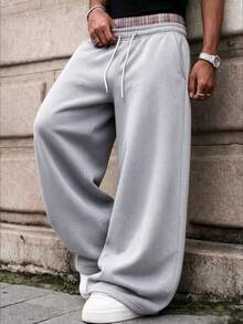 Men's Fashion Double Waistband Plaid Patchwork Drawstring Elastic Waist Pocket Casual Sports Long Pants - Grey - View 7