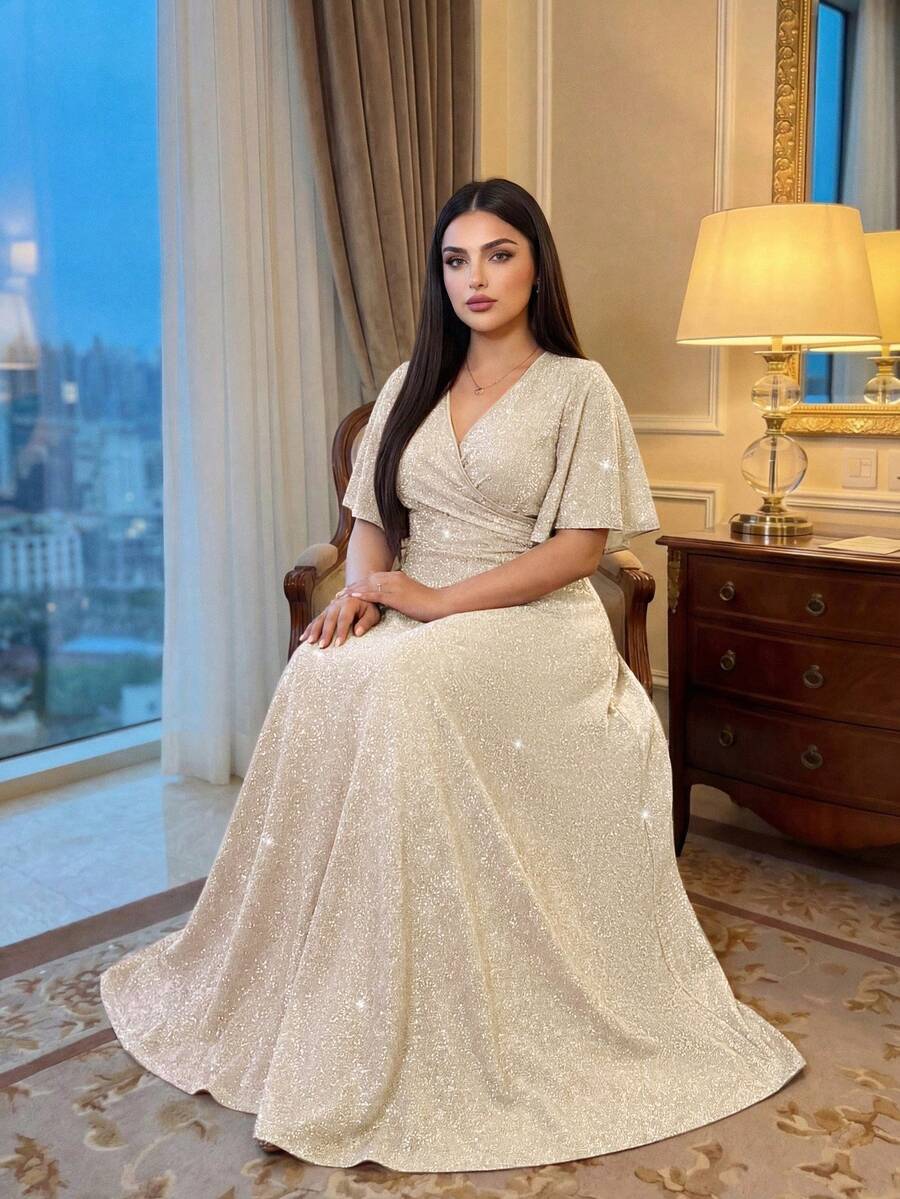 SHEIN Lady CURVE 大码女士优雅裹身荷叶袖派对连衣裙/晚礼服 - 杏色 - 查看 1