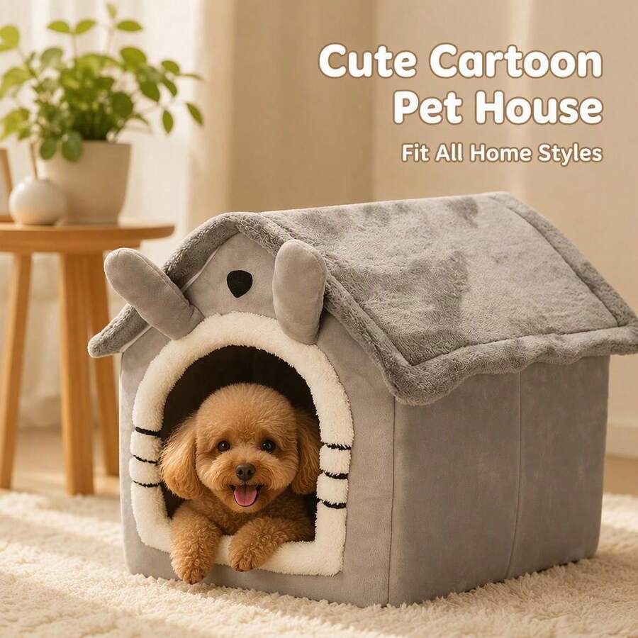 Rumah Hewan Peliharaan Berbentuk Vila Kartun Abu-abu, Sarang Hangat Tertutup yang Dapat Dilepas dan Dicuci, Tempat Tidur Gua Universal Empat Musim untuk Anjing dan Kucing Kecil