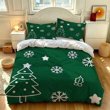 3-Piece Green Christmas Tree, Snowflake & Holly Pattern Bedding Set, Festive Cozy Room Decor, Skin-Friendly Breathable Ultra-Soft Anti-Pilling Duvet Cover & Pillowcases, No Comforter Insert, Fits Twin/Full/Queen/King Bed, All-Season Home Textiles, Machine Washable - Multi-color B - View 2