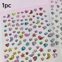 1pc Holographic Star & Moon Rhinestone Self-Adhesive Face/Nail Stickers, Perfect For Creating Summer Stage Makeup Or Festive Atmosphere. Includes Stars, Crescent Moons And Small Dots Shapes. - Multicolor - View 12