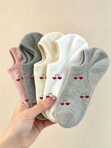 1/5 Pairs Women's Heart & Cherry Solid Color Ankle Socks, Sweet Breathable Comfortable Invisible Socks, Suitable For Daily Wear, Sports, Home, All Seasons, Cute Style - Multicolor - View 2