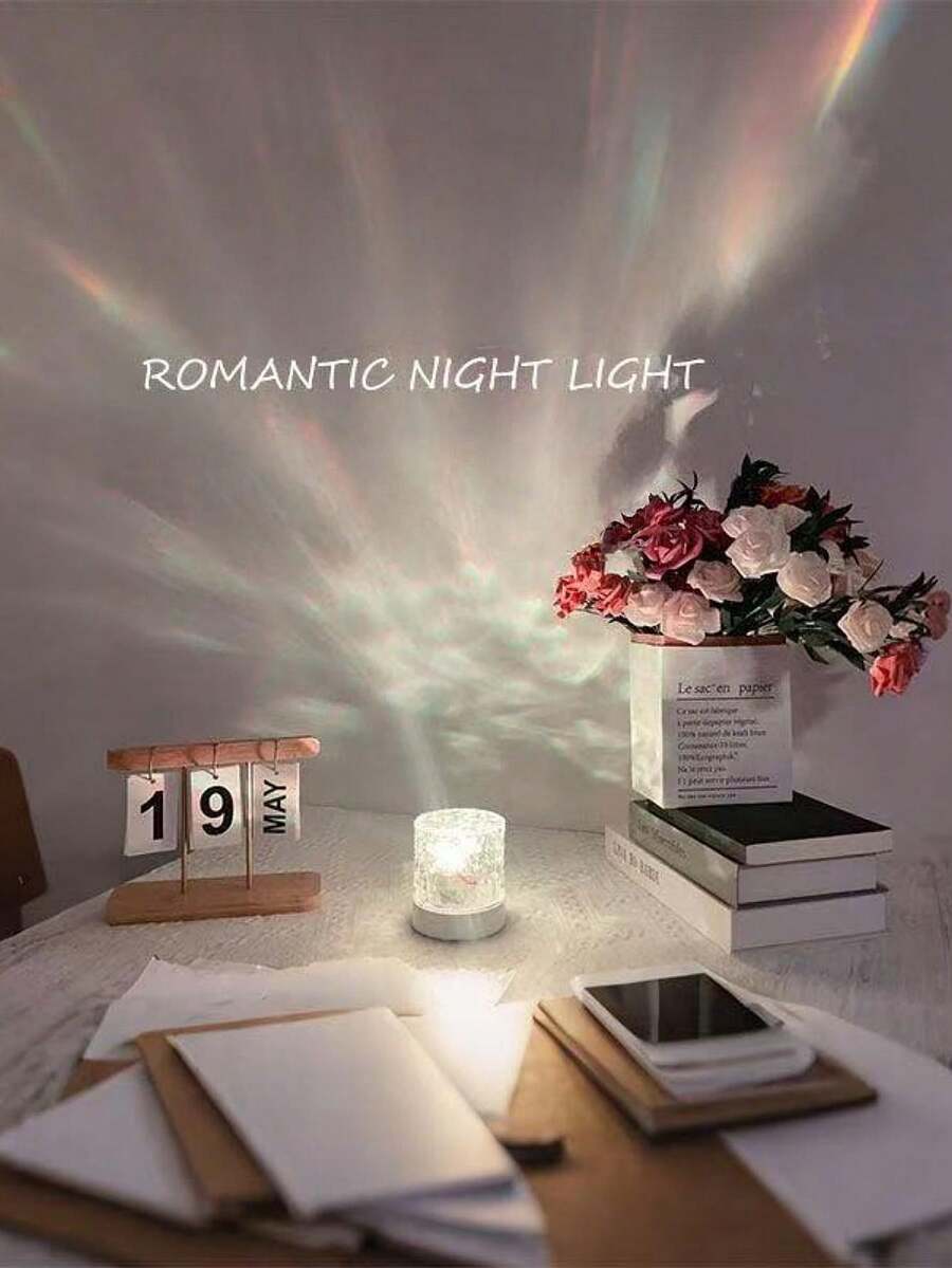1PC Creative Room Decor Ornament, Bedroom Gaming Computer Desktop Dynamic Projection Light, Water Ripple Atmosphere Lamp, USB Powered With Remote Control, Portable Lighting Projection Romantic Premium Night Light, 16 Color Changing - Multicolor - View 1