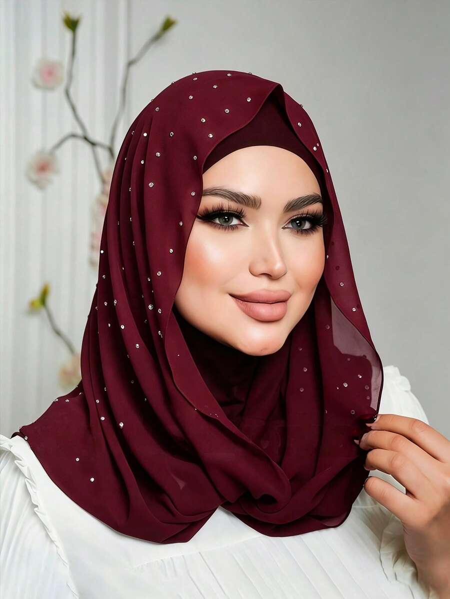 1pc Women's Solid Color Minimalist Versatile Muslim Rhinestone Instant Hijab, Slip-On Hijab For Quick And Easy Wear, Rhinestone Solid Color Minimalist Casual Elegant Classic Versatile, Underscarf Inner Lining Rhinestone Chiffon Scarf One-Piece, Soft Chiffon Material Fabric, Comfortable And Breathable Fabric, Suitable For Daily Wear