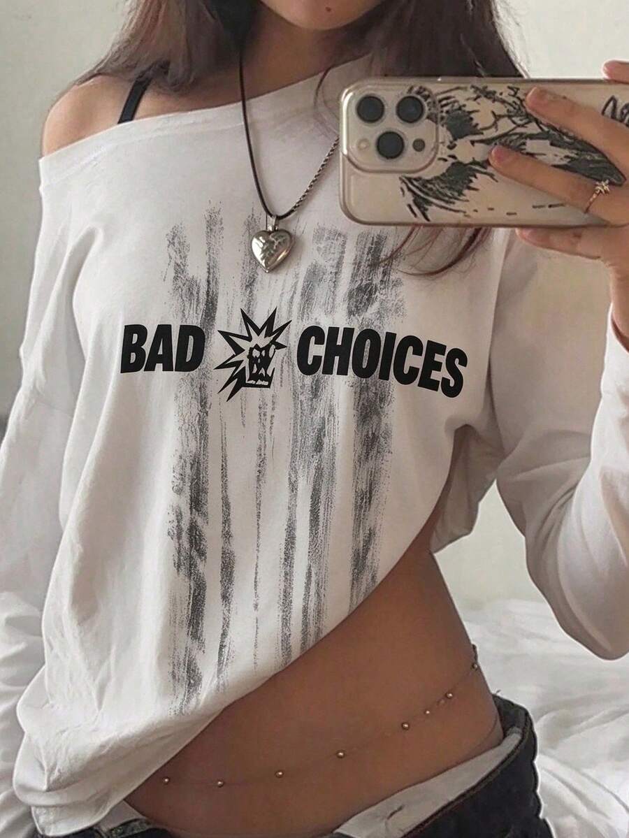 Y2K Halloween Horror Hot Girl Fashion Asymmetrical Shoulder Women's Top, Fall Outfit For Women, Women's Autumn Wear, Fall Clothes For Women, Women's Autumn Clothing, Tops For Women, Women's Top - White - View 1