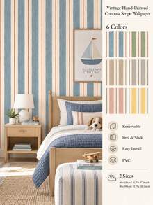 SUPSTICKER Vintage Hand-Painted Contrast Striped Torn Collage Wallpaper, Removable PVC Self-Adhesive Wall Sticker, 15.75*47.24 Inches/15.75*118.11 Inches, Suitable For Home Decor - Striped - View 1