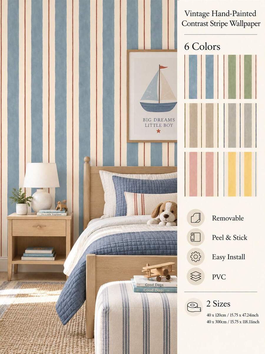 SUPSTICKER Vintage Hand-Painted Contrast Striped Torn Collage Wallpaper, Removable PVC Self-Adhesive Wall Sticker, 15.75*47.24 Inches/15.75*118.11 Inches, Suitable For Home Decor - Striped - View 1