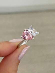 ESBERRY 1件個性化時尚不對稱鋯石戒指，女士珠寶，精緻飾品，女性約會禮物 - 方形水滴粉鋯戒指 - 查看 4