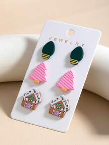 3pcs Christmas Lights Pink Christmas Tree & House Print Minimalist Personalized Cute Elegant Earrings - Multicolor - View 4