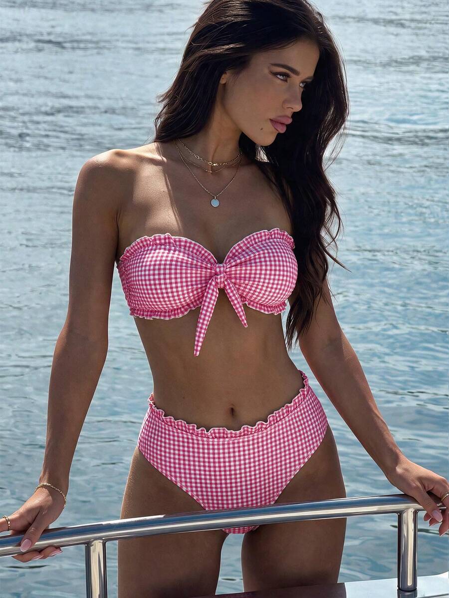 女款新款格紋印花平胸蕾絲比基尼兩件套,夏季海島度假游泳沙灘必備 - 彩色 - 查看 1