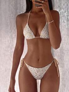 Spring/Summer Fashion Sequin Lace-Up Women's Bikini Set, Beach Casual Vacation - Off White - View 1