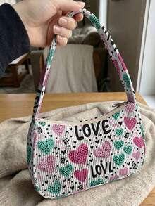 1pc Love Print Corduroy Shoulder Bag, Underarm Bag, Large Capacity Storage, Zip Closure Y2K Baguette Handbag For Daily Travel Gift - Pink - View 12
