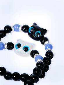 Y2Kool 2pcs Cute Big Eyes Cat Luminous Bracelet, Suitable Gift For Couples, Friends - Black and White - View 4