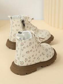 1 Pair New Cute Princess Floral Ankle Boots For Toddlers, Side Zipper & Lace-Up Design, Anti-Slip & Wear-Resistant Sole, Autumn/Winter Boots For Daily Outdoor Wear - Beige - View 6