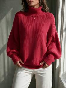 Women's Red Turtleneck Balloon Long Sleeve Ribbed Knit Oversized Pullover Sweater, Casual Cozy Fall Winter Daily Lounge Wear - Red - View 9