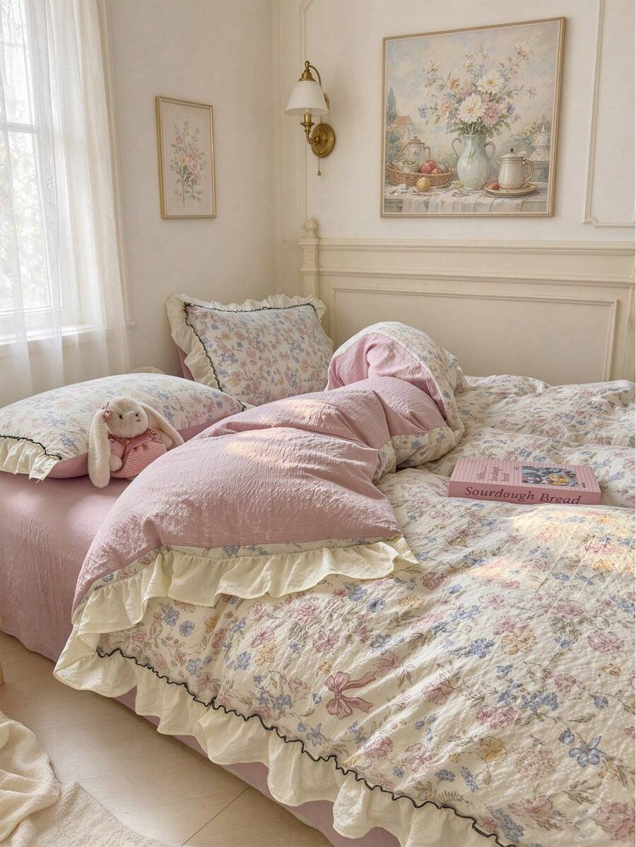 Pink French Romantic Style Lace Duvet Cover 3 Pieces Set Including 1 Duvet Cover And 2 Pillowcases, No Filling, Soft And Comfortable Bedroom Bedding, Suitable For Bedroom, Dorm, Home Use, Multiple Size Options - Pink - View 1