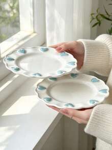 4pcs/2pcs/1pc Cute Embossed Blue Heart Ceramic Plate Set, Wavy Edge White Porcelain Dinnerware, Ins Style Dessert Salad Snack Plate, Afternoon Tea Home Table Decor, Holiday Gift - Multicolor - View 10