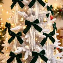 1pc Christmas Flocked Bow Pearl Pendant, Christmas Tree Ornament, Wall Decor Holiday Scene Arrangement - Multicolor - View 3