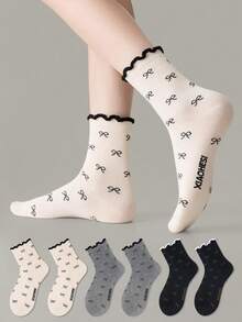 ZUJO 3 Pairs Black White Gray Women's Mid-Calf Socks, Bow Pattern, Ruffle Trim, Warm Soft Breathable, Suitable For All-Season Daily Wear, Random Color Shipping - Multicolor - View 1