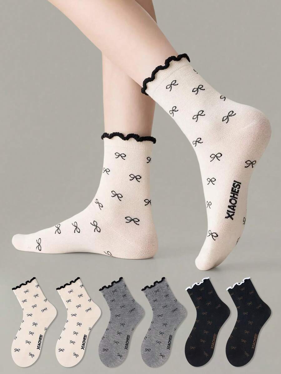 ZUJO 3 Pairs Black White Gray Women's Mid-Calf Socks, Bow Pattern, Ruffle Trim, Warm Soft Breathable, Suitable For All-Season Daily Wear, Random Color Shipping - Multicolor - View 1