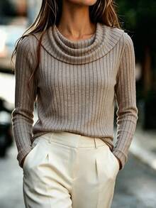 Women Casual Oat Fall Ribbed Long Sleeve Top, Cowl Neck Slim Fit Daily Knit Tee - Maroon - View 2