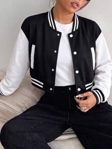 Teen Girls American Retro Black & White Colorblock Baseball Jacket, Autumn/Winter Short Knit Cardigan Coat - Black - View 3
