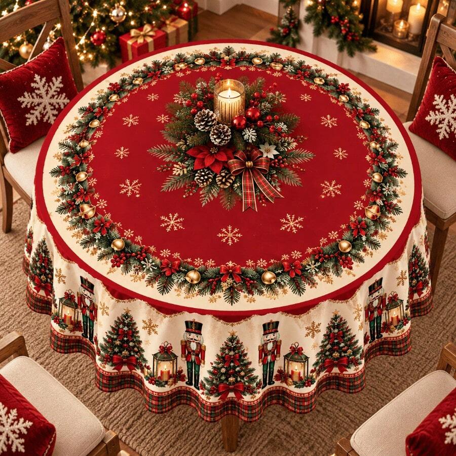 1 Taplak Meja Bundar, Penutup Meja Natal dari Poliester, Cocok untuk Dekorasi Makan Malam Liburan di Rumah, Dapur, Makan Malam Natal, dan Pertemuan Musiman, dengan Berbagai Gaya dan Ukuran untuk Dipilih - 14 - View 1