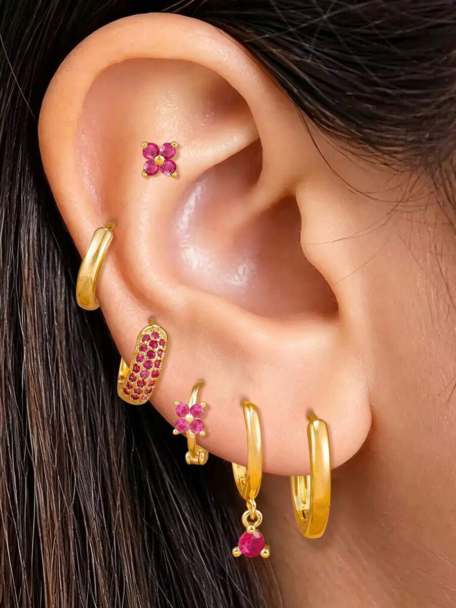Women's 6 Pieces Mini Red Zirconia Flower Multi-Perforated Charm Earring Set, Daily Jewelry For Party And Music Festival - 2-gold-6pcs - View 1