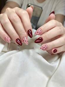 30pcs Y2K Short Almond Cat Eye Press-On Nails, Burgundy Nails With Polka Dot Pattern, Acrylic Fake Nail Set, Includes 1pc Jelly Glue And 1pc Nail File, Suitable For Autumn/Winter - Burgundy - View 2