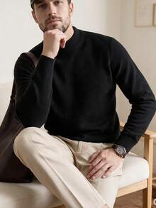 Men Crew Neck Long Sleeve Solid Color Casual Slim Fit Pullover Sweater, Lightweight For Autumn/Winter - Black - View 6
